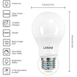 Linkind Dimmable A19 LED Light Bulbs, 40W Equivalent, E26 Base, 5000K Daylight, 5.7W 480 Lumens 120V, UL Listed FCC Certified, Energy Star, Pack of 6