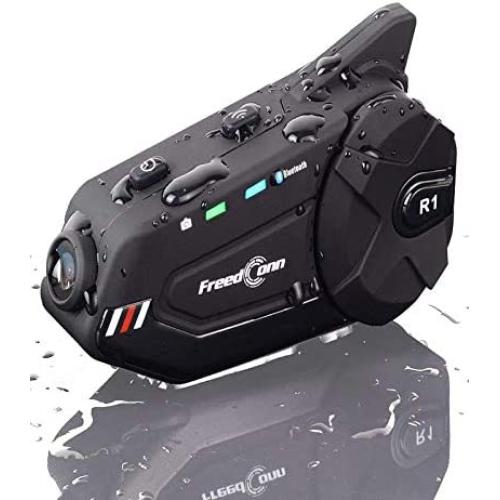 Motorcycle Helmet Headset FreedConn R1plus Bluetooth Intercom with 1080P Camera FM Radio 1000M 6 Riders Waterproof Wireless Communication Sysstems for Half- face & 3/4- face Helmet