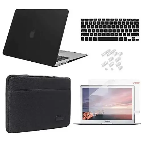 MacBook Air 13 Inch Case 2010-2017 Release Model A1369/A1466 Bundle 5 in 1, iCasso Hard Plastic Case, Sleeve, Screen Protector, Keyboard Cover & Dust Plug Compatible Old MacBook Air 13 - Black