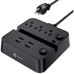 Power Strip with USB, iClever USB Charging Station with 3 Outlet 4 USB Ports, 10A 5ft Extension Cord, Dual Switch Control, Overload Protection, Phone Tablet Stand for Home, Office and Hotel - Black