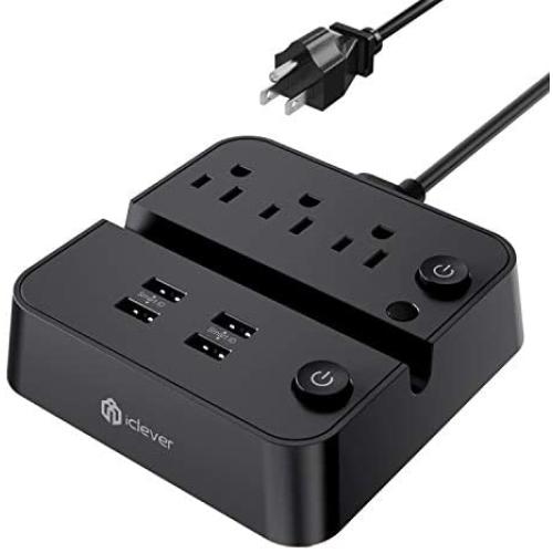 Power Strip with USB, iClever USB Charging Station with 3 Outlet 4 USB Ports, 10A 5ft Extension Cord, Dual Switch Control, Overload Protection, Phone Tablet Stand for Home, Office and Hotel - Black