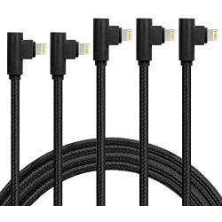 MFI Certified 5 Pack(3/6/6/10/10FT) Right Angle iPhone Cable Lightning Fast Charger Nylon Braided Data Cord 90 Degree Elbow for Game Video Compatible with iPhone 12 11 Pro Max XR XS Max iPod (Black)
