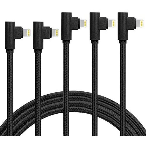 MFI Certified 5 Pack(3/6/6/10/10FT) Right Angle iPhone Cable Lightning Fast Charger Nylon Braided Data Cord 90 Degree Elbow for Game Video Compatible with iPhone 12 11 Pro Max XR XS Max iPod (Black)