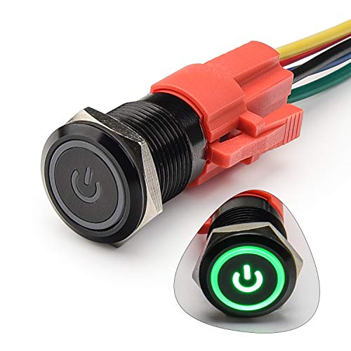 STARELO 16MM 5/8'' Latching Push Button Switch 5A 12V 1NO1NC SPDT ON/OFF Waterproof Aluminum Black Shell with Power Symbol Ring LED with Wire Socket Plug (Green)
