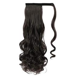 WOME Clip in Ponytail Extension Wrap Around Long Wavy Hair Dark Brown Color Fluffy Pony Tail 22 Inch Long Body Wave Magic Paste Heat Resistant Ponytail Black Hairpiece for Women