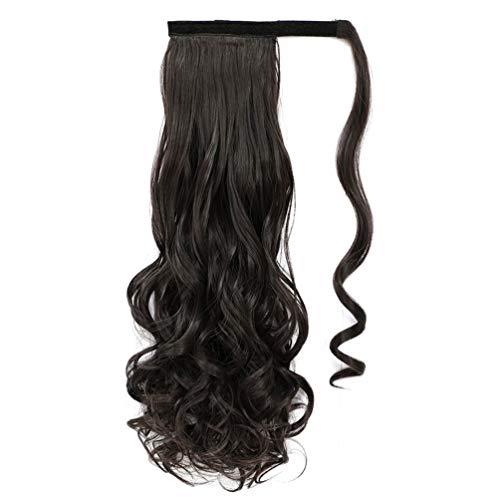 WOME Clip in Ponytail Extension Wrap Around Long Wavy Hair Dark Brown Color Fluffy Pony Tail 22 Inch Long Body Wave Magic Paste Heat Resistant Ponytail Black Hairpiece for Women