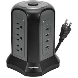 USB Power Strip Tower Surge Protector 10ft Extension Cord Desktop Charging Station 9 Outlet 4 USB 1080J Adjustable Voltage 110-240V Fire Proof Multiple Plug for PC Tablet Computer Office SUPERDANNY