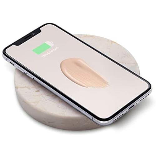 Eggtronic Wireless Charging Stone - Qi Certified 10W high Speed Charger with Built-in Durable Braided Cable for iPhone, Galaxy, Note, AirPods 2, AirPods Pro, Galaxy Buds, Pixel Buds - Cream Marble