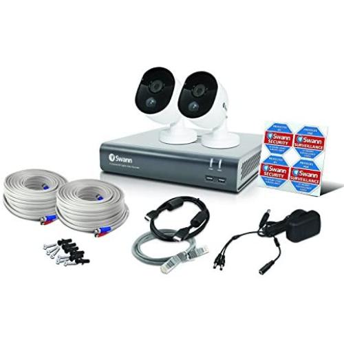 Swann Home Security Camera System, 4 Channel 2 Bullet Cameras, 1080p HD DVR, Indoor/Outdoor Wired Surveillance CCTV, Night Vision, Heat & Motion Sensing, Alexa + Google, 1TB Hard Drive, SWDVK-445802V