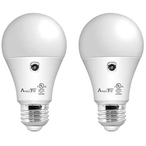 Dusk to Dawn Light Bulb- 2 Pack, AmeriTop A19 LED Sensor Light Bulbs; UL Listed, Automatic On/Off, 800 Lumen, 10W(60 Watt Equivalent), E26 Base, Indoor/Outdoor Lighting Bulb (5000K Daylight)