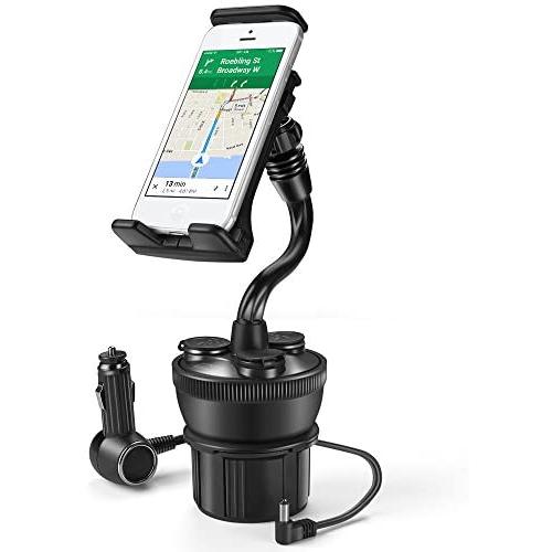 TNP Smartphone Car Mount Holder Charger Station - Universal Car Cup Holder Mount with 3 Sockets and 2 USB Charge Port for iPhone 11 Pro, 11 Pro Max, X, XS, XR, 8, 7 Plus, Samsung Galaxy Phone and More