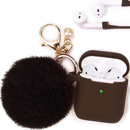 Filoto Case for Airpods, Airpod Case Cover for Apple Airpods 2&1 Charging Case, Cute Air Pods Silicone Protective Accessories Cases/Keychain/Pompom/Strap, Best Gift for Girls and Women (Brown)