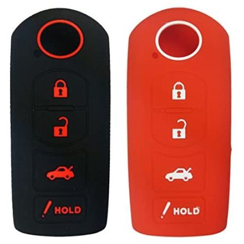 2Pcs Coolbestda Silicone 4buttons Smart Key Fob Remote Control Cover Case Protector Keyless Skin Jacket Bag for Mazda 3 6 CX-7 CX-9 MX-5 Miata Black Red