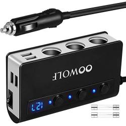 OOWOLF Cigarette Lighter Adapter Quick Charge 3.0 180W 12V/24V 3-Socket Splitter 4 USB Ports Car Power Adapter for GPS, Dash Cam, Sat Nav, Phone, Tablet, etc