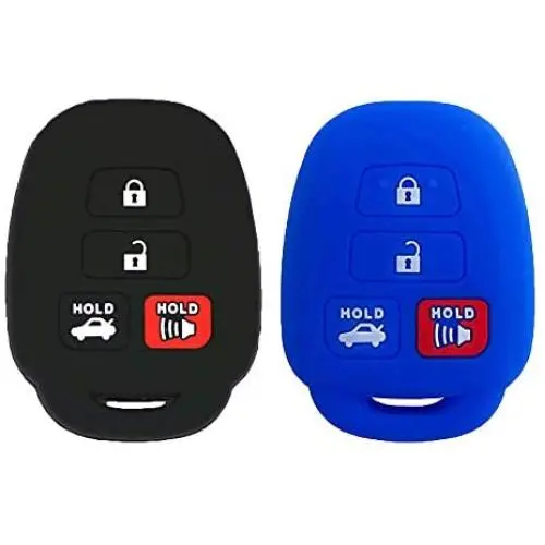 EXUNTECH 2pcs Silicone 4 Button Smart Key Fob Cover Remote Keyless Entry Bag Compatible with Toyota Camry Avalon Corolla RAV4 Highlander Venza HYQ12BDM, Black Blue