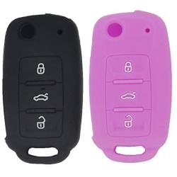 LemSa 2Pcs Rubber Silicone Flip Key Fob Case Cover Protector Holder for VW Volkswagen Jetta GTI Passat Golf Tiguan Touareg Beetle, Black/Purple