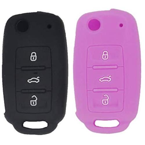 LemSa 2Pcs Rubber Silicone Flip Key Fob Case Cover Protector Holder for VW Volkswagen Jetta GTI Passat Golf Tiguan Touareg Beetle, Black/Purple