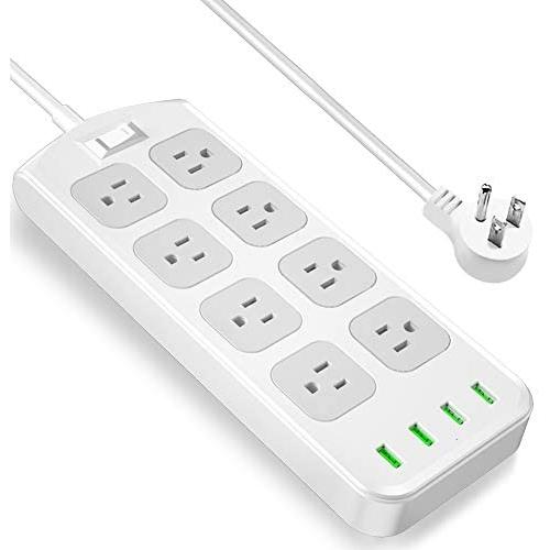 Power Strip Surge Protector with 8 AC Outlets and 4 USB Charging Ports,1875W/15A,6 Feet Long Extension Cord and 8 outlet for flat plug Phone iPad PC Laptop Smartphone Tablets Home,Office & Hotel- Gray