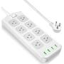 Power Strip Surge Protector with 8 AC Outlets and 4 USB Charging Ports,1875W/15A,6 Feet Long Extension Cord and 8 outlet for flat plug Phone iPad PC Laptop Smartphone Tablets Home,Office & Hotel- Gray