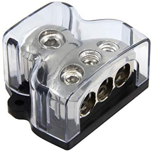 RKURCK 3 Way Power Distribution Block, 0/2/4 AWG Gauge in, 4/8/10 Gauge Out, Car Audio Stereo Amp Distribution Connecting Block for Audio Splitter (1x0GA+3x4GA)