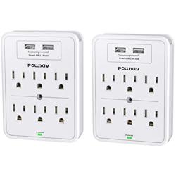 Multi Plug Outlet, Surge Protector, POWSAV USB Wall Charger with 2 USB Ports, 6-Outlet Extender and Top Phone Holder for Your Cell Phone, White, ETL Listed，2 Pack