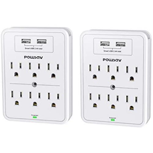 Multi Plug Outlet, Surge Protector, POWSAV USB Wall Charger with 2 USB Ports, 6-Outlet Extender and Top Phone Holder for Your Cell Phone, White, ETL Listed，2 Pack
