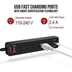 SUPERDANNY USB Surge Protector Power Strip Mountable Extension Cord Multiple Protection 5 Outlet 3 USB Port with Hook & Loop Fastener for iPhone iPad PC Home Office Travel Black
