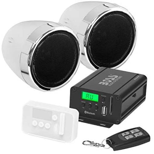 BOSS Audio Systems MCBK520B Motorcycle Speaker and Amplifier Sound System - Bluetooth, Weatherproof, 3 inch Speakers, 2 Channel Amplifier, FM Tuner, USB, SD, Chrome, One Size (MC520B)