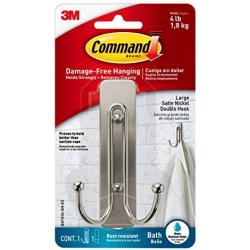 Command Large Double Bath Hook, Satin Nickel, 1-Hook, 1-Large Water-Resistant Strip, Organize Damage-Free