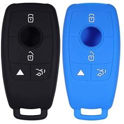 Lcyam Silicone Remote Key Fob Covers Smooth Soft Rubber Case Fits for Mercedes-Benz A220 E63S AMG E-Class GLE 350 4MATIC 2019 2020 2021 (Black Blue)