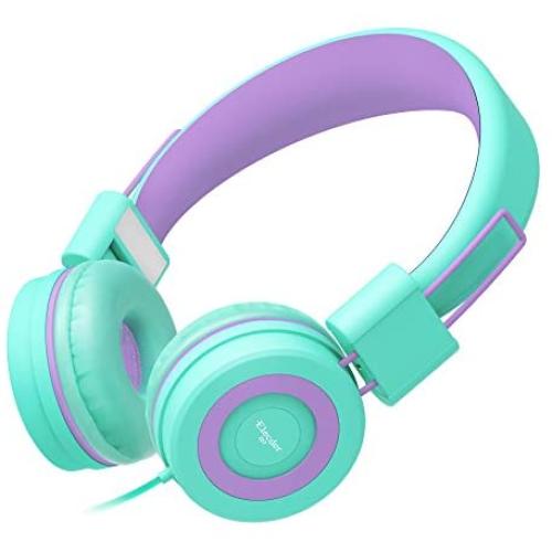 Elecder i37 Kids Headphones Children Girls Boys Teens Foldable Adjustable On Ear Headphones 3.5mm Jack Compatible Cellphones Computer MP3/4 Kindle School Tablet Green/Purple