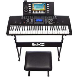 RockJam 61 Key Keyboard Piano With LCD Display Kit, Keyboard Stand, Piano Bench, Headphones, Simply Piano App & Keynote Stickers