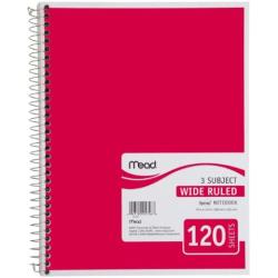 Mead Spiral Notebook, 3 Subject, Wide Ruled Paper, 120 Sheets, 10-1/2 x 7-1/2 inches, Red (72225)