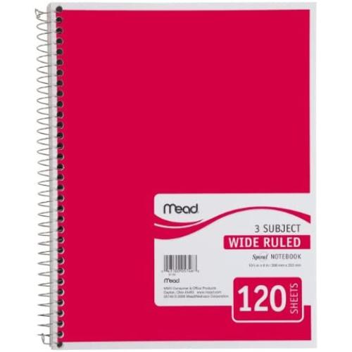 Mead Spiral Notebook, 3 Subject, Wide Ruled Paper, 120 Sheets, 10-1/2 x 7-1/2 inches, Red (72225)