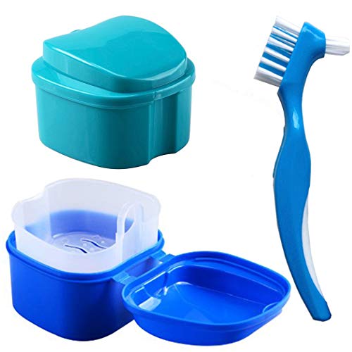 Denture Bath Box Case, Hatisan False Teeth Storage Box with Hanging Net Container, Premium Mouth Guard Box with Cleaning Brush (2Pcs) …