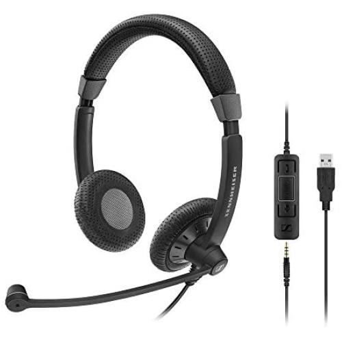 Sennheiser SC 75 USB MS (507086) - Double-Sided Business Headset | For Skype for Business, with Mobile Phone, Tablet, Softphone, and PC | HD Sound & Noise-Cancelling Microphone (Black)