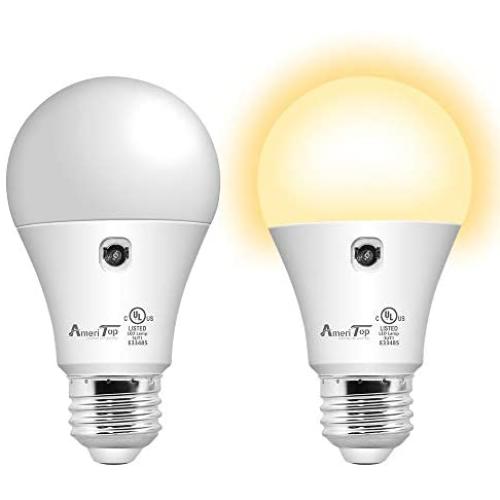 Dusk to Dawn Light Bulb- 2 Pack, AmeriTop A19 LED Sensor Light Bulbs; UL Listed, Automatic On/Off, 800 Lumen, 10W(60 Watt Equivalent), E26 Base, Indoor/Outdoor Lighting Bulb (3000K Warm White)
