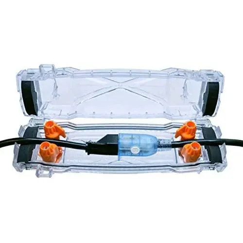 Weatherproof Extension Cord Protector - Clear Housing with Hook and Security Loop