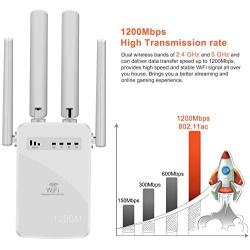WiFi Range Extender 1200 Mbps,2.4 & 5GHz Dual Band Network，Signal Booster with WPS Button for WiFi Internet Connection , 2 LAN/Ethernet, Wireless Repeater Coverage to 3000sq.ft & 32 Devices