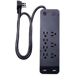 GE, Black, Strip Surge Protector Charger, 7 Outlets, 2 USB Ports, Fast Charge, Flat Plug, Long Power Cord, 3 Feet, Wall Mount, Warranty, 37054, 3 Ft