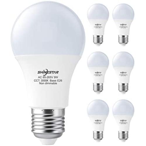 SHINESTAR 6-Pack A19 White LED Light Bulbs 60 watt Equivalent, Soft White Type A LED Bulb with E26 Medium Base, 120V 9W Energy Saving Lightbulbs, Non-dimmable