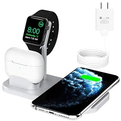 BNCHI Wireless Charger, 3 in 1 Fast Charging Station Compatible with Apple iWatch Series 6/5/4/3/2/1,AirPods,iPhone 11 Series/SE (2020)/XS MAX/XR/XS/X/8/8 Plus(Silver)