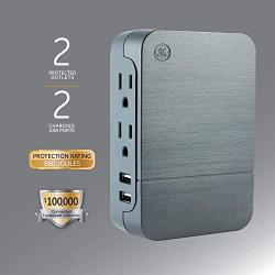 GE UltraPro 2 Outlet + 2 USB Side Access Surge Protector Tap, Plug-In, 2.4 Amp, 860 Joules, 33642, Silver