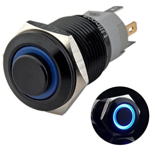 Ulincos Latching Pushbutton Switch U16F2 1NO1NC SPDT ON/Off Black Metal Shell with Blue LED Ring Suitable for 16mm 5/8'' Mounting Hole (Blue)