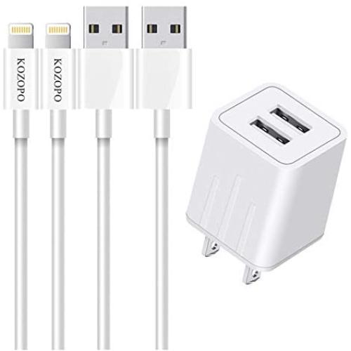 KOZOPO iPhone Charger, Lightning Cable 6FT(2 Pack) Fast Charging Data Sync Transfer Cord with 2 Port USB Plug Wall Charger Travel Adapter Compatible with iPhone 11 Pro Max XS XR X 8 7 Plus 6S for iPad