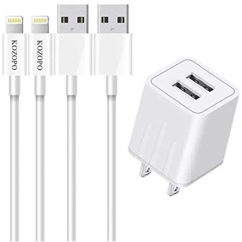 KOZOPO iPhone Charger, Lightning Cable 6FT(2 Pack) Fast Charging Data Sync Transfer Cord with 2 Port USB Plug Wall Charger Travel Adapter Compatible with iPhone 11 Pro Max XS XR X 8 7 Plus 6S for iPad