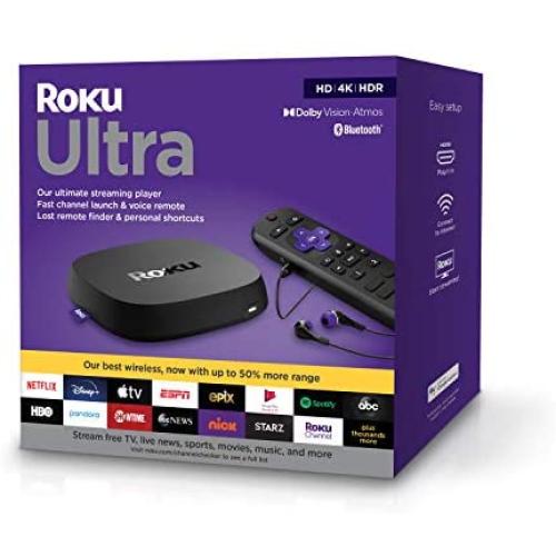 Roku Ultra 2020 | Streaming Media Player HD/4K/HDR/Dolby Vision with Dolby Atmos, Bluetooth Streaming, and Roku Voice Remote with Headphone Jack and Personal Shortcuts, Includes Premium HDMI Cable