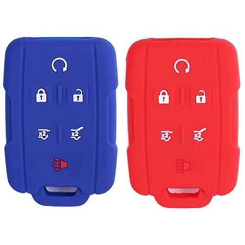 2Pcs WERFDSR Sillicone key fob Skin key Cover Remote Case Protector Shell for 2015 2016 Chevrolet Suburban Tahoe GMC Yukon Smart Remote red blue