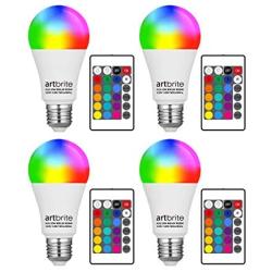 artbrite RGB LED Light Bulb, Color Changing Christmas A19 LED Bulb, 60 Watt Equivalent, 3000K Warm White, RGB Decorative Lighting for Backyard, Bedroom, Porch, Party and More (4 Pack)