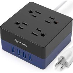 USB Power Strip Surge Protector - SUPERDANNY Mountable Charging Station with 4 Widely Spaced AC Outlets & 4 Smart USB Ports, 5ft Desktop Extension Cord for Home, Office, Hotel, Dorm Room, RV, Blue